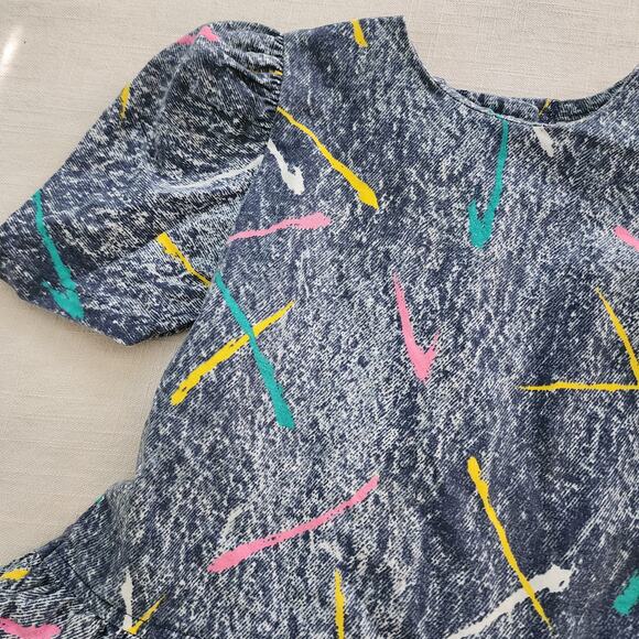 Vintage 80s In Style Girls 4T Dress Paint Splatter Drop Waist Ruffle - Picture 4 of 7